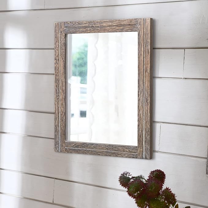 AAZZKANG Mirror with Wood Framed Rectangle Rustic Wall Mirrors Decor Large 20"x16" for Bedroom Bathroom Living Room Entryway