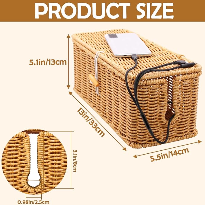 Cable Management Box, Handmade Imitation Rattan Cord Cable Organizer, Open Slots Cords Hider Box Cord Basket Under Desk Cord Organizer for Computer Router USB Hub & Power Strip