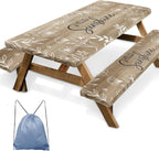 Picnic Table Cover with Bench Covers Elastic Edges, Flower Wood Camper Fitted Table Cover, Outdoor Patio Camping Essentials 72 Inch 3PCS, Waterproof Camping Fitted Tablecloth with Drawstring Bag