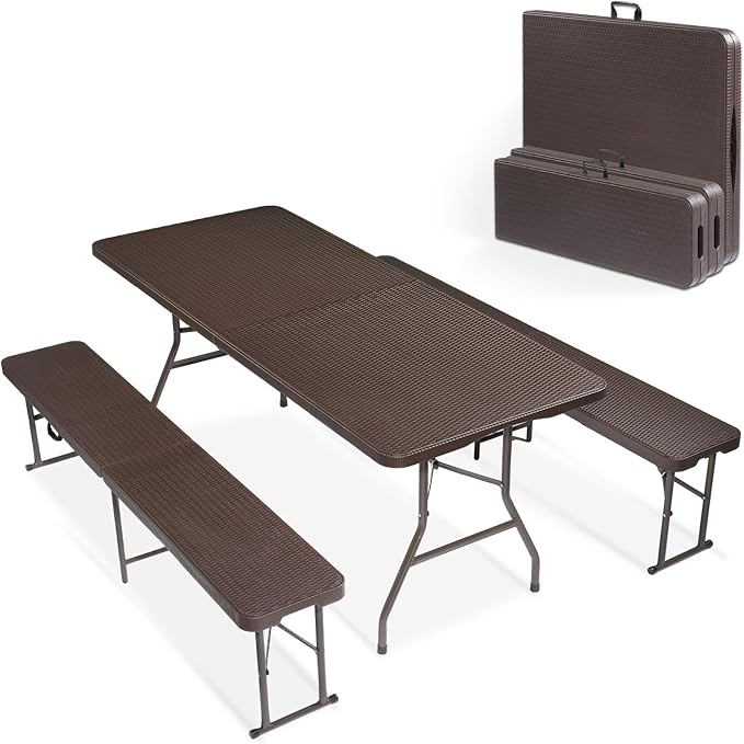 VINGLI Picnic Table Set with 2 Benches, 6 Feet Camping Table Chair Set, 3-Piece Folding Furniture for Indoor or Outdoor Use, Rattan Patterned Tabletop, Brown