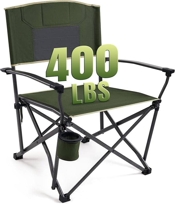Oversized Folding Camping Chairs for Adults Heavy Duty Camp Chair Support 400 LBS Steel Frame Metal Arm Lawn Chairs with Swivel Cup Holder & Hollow Backrest Extra Large Outdoor Chairs Green