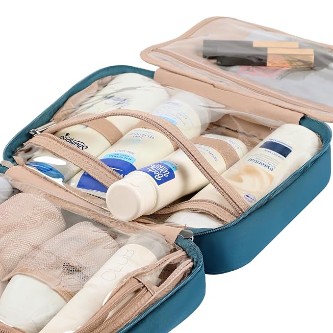 NISHEL Travel Toiletry Bag for Women, Makeup Essentials Organizer, Hanging Case for Accessories, Cosmetics, Medium Size, Lake-Blue