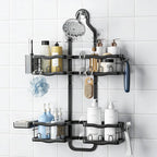 GearFusion Aluminum Shower Caddy Hanging for Handheld Showerheads Adjustable Split Shower Caddy Over the Shower Head Caddy, 2 Levels Showers Rack Organizer with Hooks, Razor Holder, Soap Holder,Black