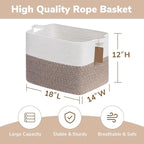 Goodpick Woven Storage Baskets for Organizing 18" x 14" x 12" Large Blanket Basket for Living Room Bedroom, Rectangle Cotton Rope Basket with Handles, Toy Baskets Storage Kids, Brown