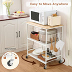 Rolling Kitchen Microwave Cart, 3 Tier Microwave Stand with Storage, Small Kitchen Island on Wheels, Wood and Mental Kitchen Shelf Rack, White Organizer for Living Room, Office, Balcony