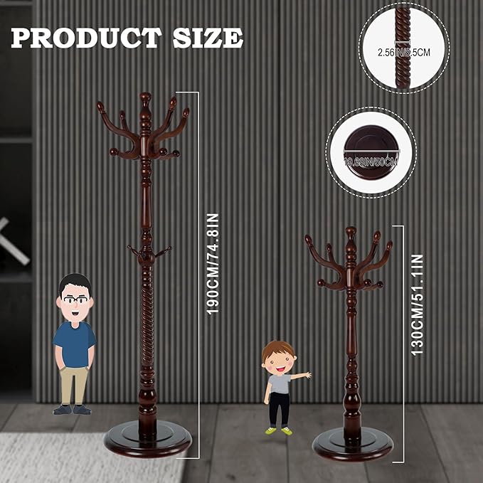 Coat Racks FreeStanding with 11 Hooks, Natural Wood Coat Rack with Solid Round Base, Adjustable Height Coat Racks, Easy Assembly for Hallway, Bedroom and Office (Walnut-Solid Round Base)