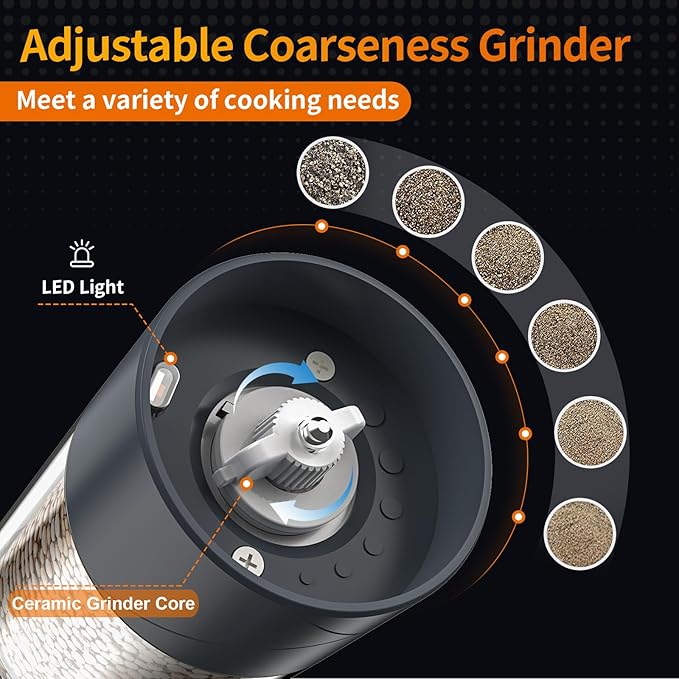 2Pack Electric Salt and Pepper Grinder Set USB Rechargeable with Warm LED Light, Adjustable Coarseness Lidaop Large Capacity Automatic Salt Pepper Mill Grinder for Kitchen, Restaurant, Outdoor (Grey)