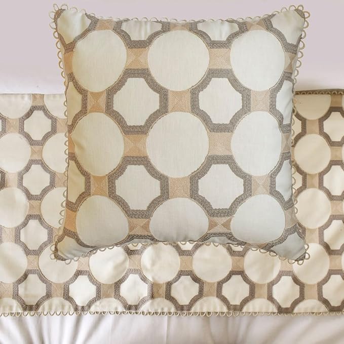 The HomeCentric King/Queen/Twin White, Beige & Grey Decorative King 90"x18" Bed Runner Without Pillow Cover, Embroidered, Bouclet & Lace Bed Scarf on Cotton Fabric - Threaded Geometry