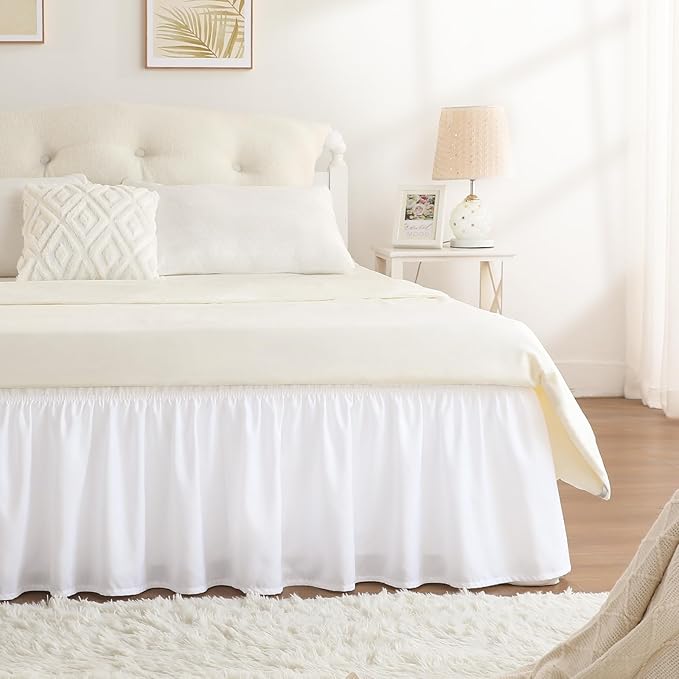 RIMELA White Bed Skirt Queen Size 16 Inch Drop, Elastic Bed Skirting for Bed Base and Frame, Bedding Dust Ruffle Easy to Install, Lightweight Wrap Around Adjustable Bedskirt