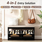 Rattan Narrow Entryway Bench with Shoe Storage, 2 Flip Drawers & Coat Rack, Mid-Century Modern Wood Shoe Cabinet with Seat Cushion for Foyer/Hallway (Black)