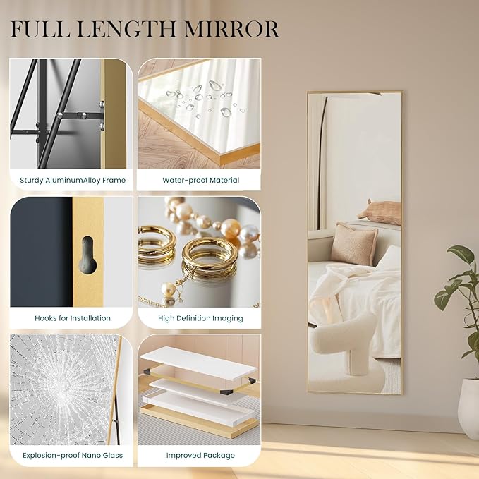 NEWBULIG 59"x16" Full Length Mirror, Full Body Floor Mirror with Aluminum Alloy Thin Frame, Wall or Standing Mirror for Bedroom, Living Room, Dressing Room, Gold