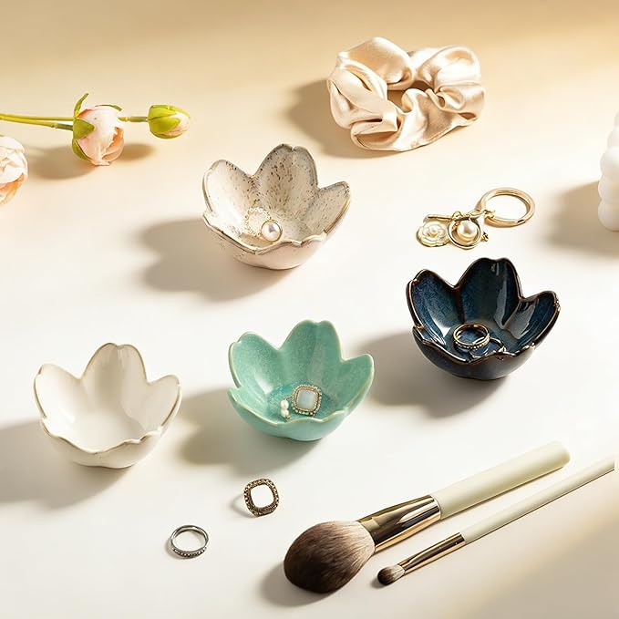 Flower Jewelry Tray Ceramic Ring Dish Jewelry Dish Small Trinket Tray Cute Ring Holder Key Bowl Decorative Plate Gifts For Mom/Sister/Friend, Birthday/Mother's Day/Christmas Gift (dark green)