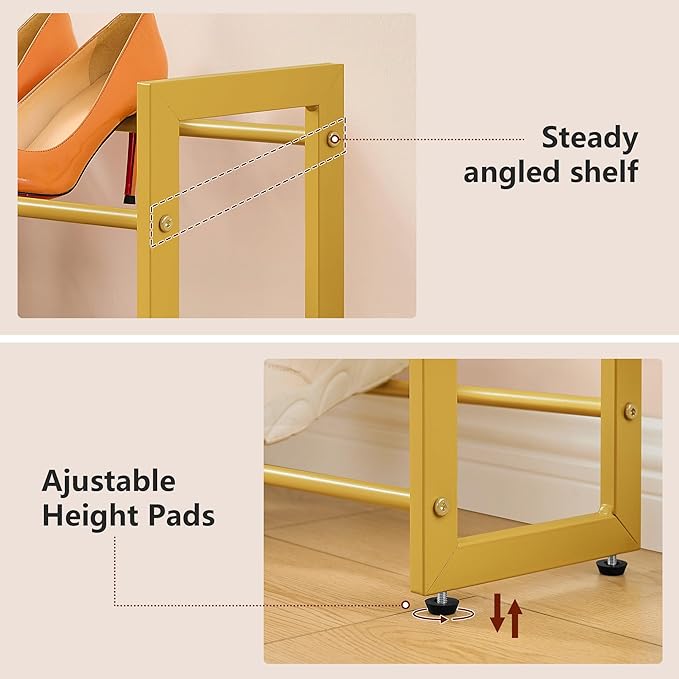 FAVOOSTY 3-Tier Expandable Shoe Rack, Adjustable Shoe Shelf Storage Organizer Space Saving Metal Free Standing Shoe Rack for Entryway Closet Doorway, Gold