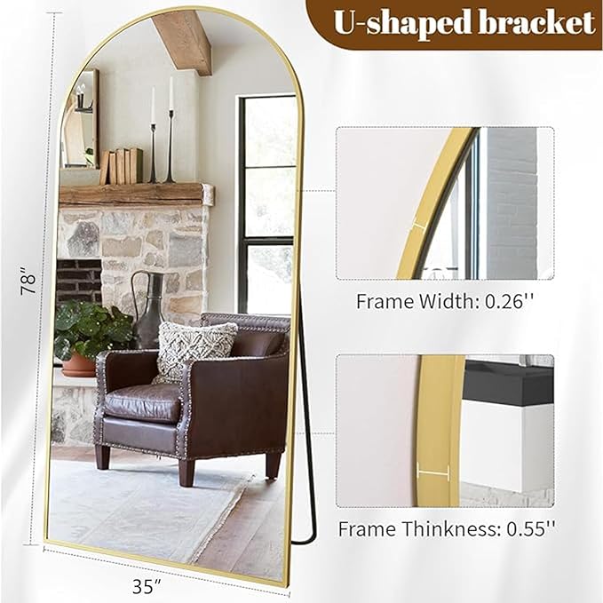 Koonmi 35"x78" Arched Full Length Mirror, Gold Large Floor Mirror with Aluminum Alloy Frame Standing Hanging or Leaning Wall-Mounted Mirror for Living Room and Bedroom