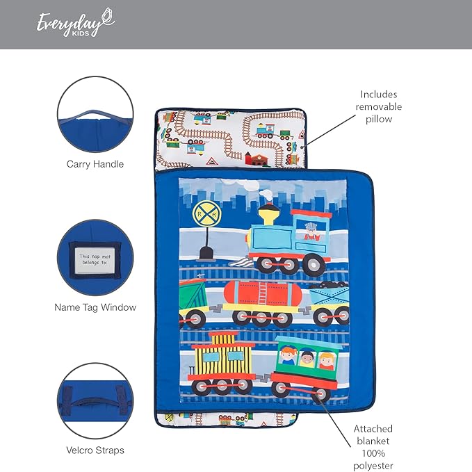 EVERYDAY KIDS Toddler Nap Mat with Removable Pillow -Choo Choo Train- Carry Handle with Fastening Straps Closure, Rollup Design, Soft Microfiber for Preschool, Daycare, Sleeping Bag - Ages 2-6 Years