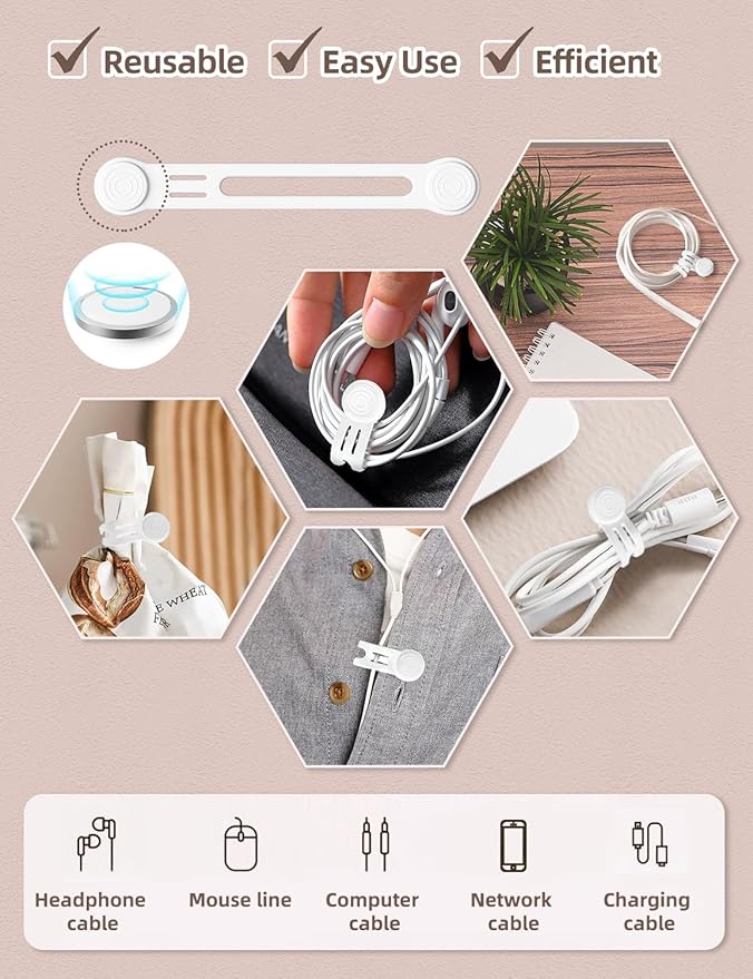 Reusable Silicone Magnetic Cord Ties - Kanemc 4.72 Inch Upgraded Twist Ties Cable Holder Cord Management, Idea For Bookmark, Fridge Magnet, Keychain, Magnetic Hat Clip For Travel (8 Pack, White)