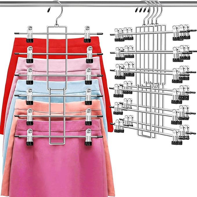 Pants Hangers with Clips,Space Saving Hanging Closet Organizer-6 Tiers Skirt Hangers with 360° Swivel Hook,Closet Organizer-Clothes Hangers- College Dorm Essentials Apartment Essentials- 4 Pack