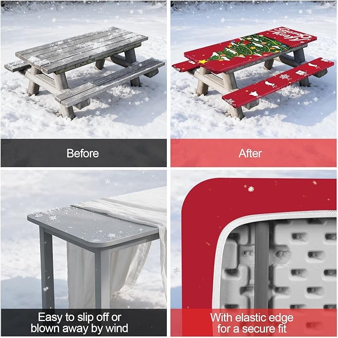 Picnic Table Cover with Bench Covers Set of 3, Elastic Fitted Tablecloth for 6 Foot Tables, Washable Polyester Tablecloths for Camping, Indoor & Outdoor