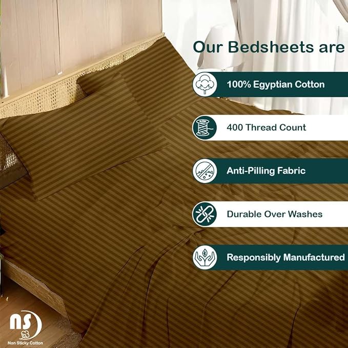 NON Sticky cotton Queen Size Sleeper Sofa Sheets, 4 Piece Egyptian Cotton Bed Sheet Set for Sofa Bed, 8" Deep Pocket for Pull Out Couch Mattress, 60" x 75", Taupe Stripe, Soft & Breathable