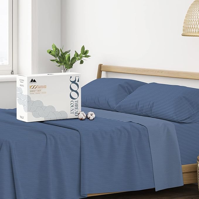 Mayfair Linen 100% Cotton Striped Sheets Full Size Bed Set - 500 Thread Count Damask Sheets Full Size 4 PC Set (Light Blue Stripe), Soft, Cooling, Sateen Weave Hotel-Quality 16" Deep Pocket Bedsheet