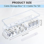 Tatuo 2 Pcs Cable Organizer Box with Wire Ties, Plastic Cord Storage Box with Lid, Electronics Organizer for Home Office Desk Organizers and Accessories (Clear)