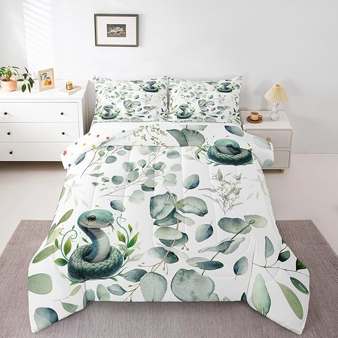 Erosebridal Cute Snake Full Size Comforter Set for Kids Child Green Eucalyptus Bedding Set, Wild Animal Down Comforter Botanical Plant Leaves Bed Set, Cartoon Wildlife Quilted Duvet