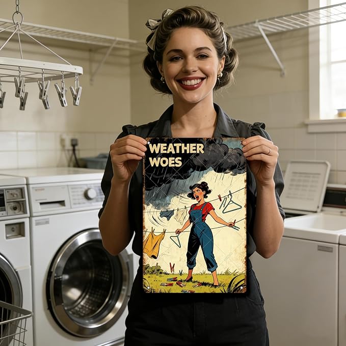 Weather Woes Laundry Tin Sign Vintage Metal Plaque Funny Sarcastic Retro Housewife Design Laundry Room Wall Art Kitchen Home Decor Rustic Farmhouse Gift 16x12 Inch
