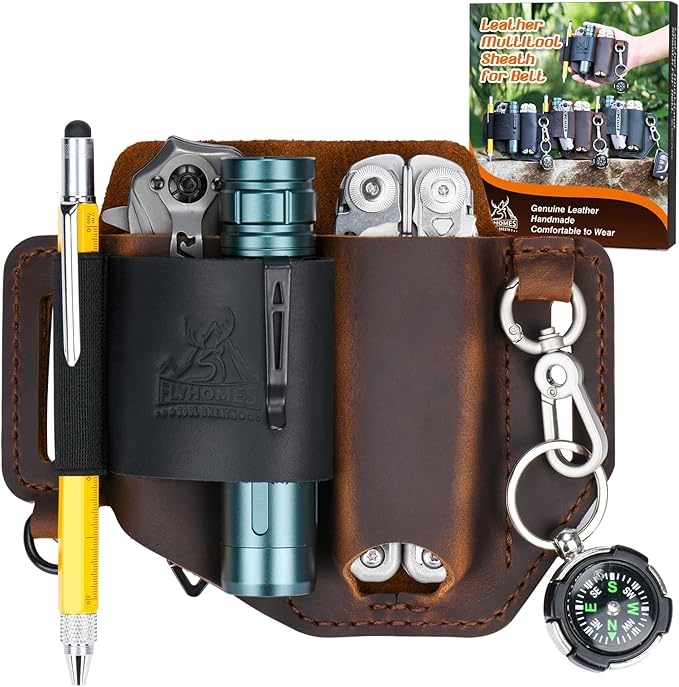 FLYHOMES Genuine Leather Multitool Sheath | Handmade Stitched EDC Belt Organizer for Leatherman Surge | Flashlight, Knife Holster, Pen & Tools Pouch | Dark Brown + Black (Large)