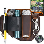 FLYHOMES Genuine Leather Multitool Sheath | Handmade Stitched EDC Belt Organizer for Leatherman Surge | Flashlight, Knife Holster, Pen & Tools Pouch | Dark Brown + Black (Large)