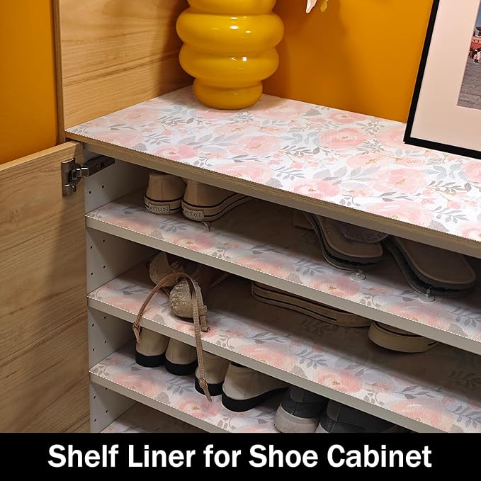 Floral Shelf and Drawer Liner for Kitchen,12IN x 20FT Non-Adhesive and Strong Non-Slip Peony Cabinet Drawer Liners for Kitchen Shelf, Waterproof Cupboard Liners,Easy to Clean