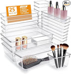 25 Pcs Makeup Drawer Organizer Set, 4 Sizes Versatile Bathroom and Vanity Drawer Organizer for Makeup, Non-Slip Desk Organizer Trays for Bedroom, Office, Fits Jewelry and Office Supplies