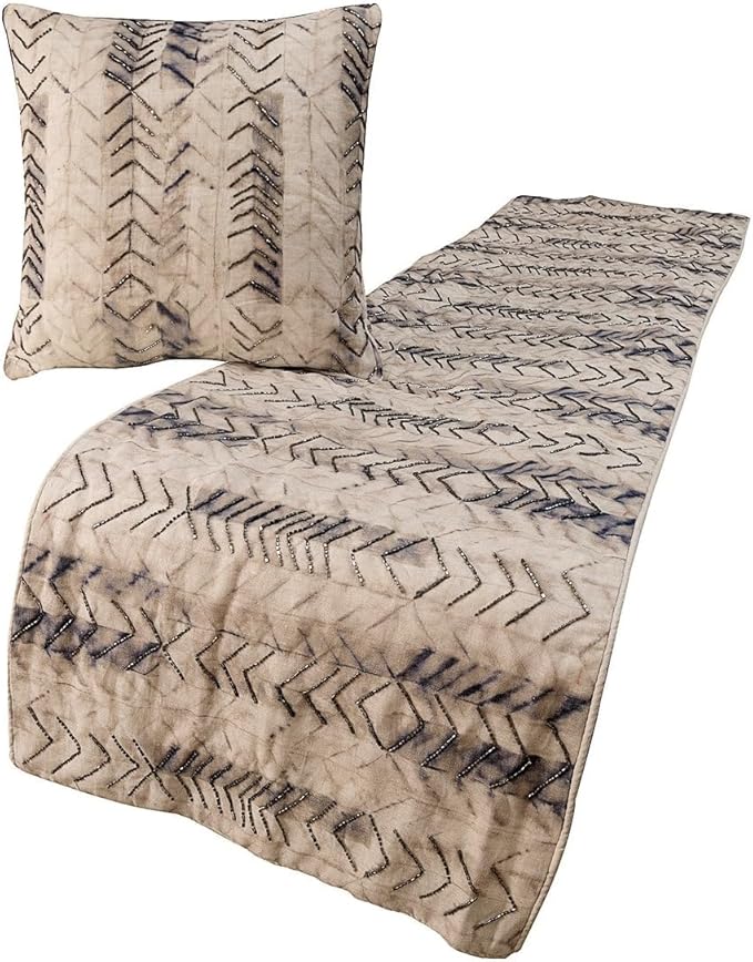 The HomeCentric King Queen Twin Grey Decorative Queen 74"x18" Bed Runner with Pillow Cover, Tie & Dye Beaded Bed Scarf on Cotton Fabric - Tie Dye Chevy
