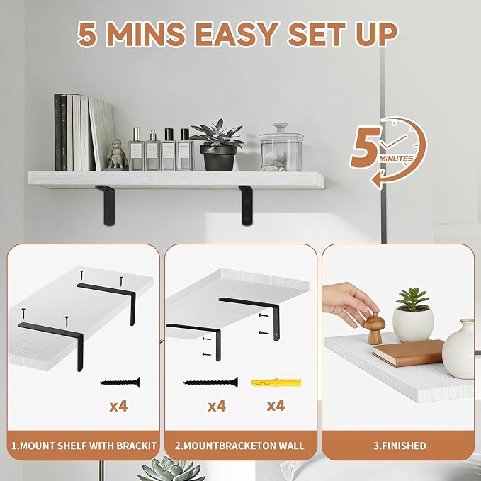 Easy Install Floating Shelves, 15.7 Inch Wall Mounted Wood Shelf, Hanging Shelf