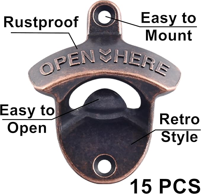 Retro Bottle Cap Opener Mountable - Stationary Wall Beer Bottle Opener Antique Copper - Cooler Mount Beer Bottle Top Opener Bulk Open Here (15 PCS)