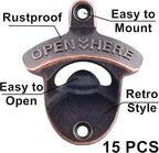 Retro Bottle Cap Opener Mountable - Stationary Wall Beer Bottle Opener Antique Copper - Cooler Mount Beer Bottle Top Opener Bulk Open Here (15 PCS)