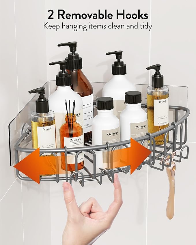 Orimade Corner Shower Caddy with 2 Hooks Wall Mounted Metal Bathroom Shelf Storage Organizer Adhesive No Drilling 2 Pack, Grey Only for 90-Degree Corner