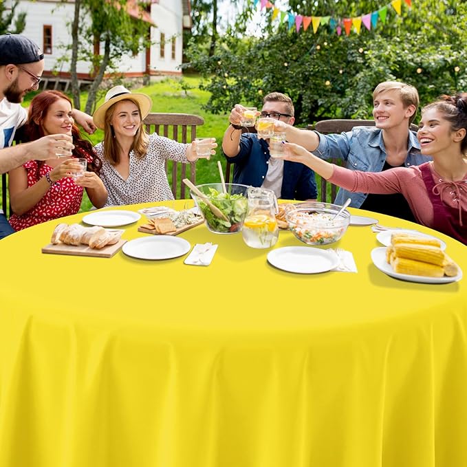 Ragnhild 16 Pack Yellow Plastic Round Tablecloth, 84 Inch, Waterproof & Stain Resistant, Perfect for Birthday Parties, Graduations, Weddings, Everyday Use