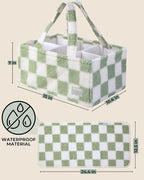 Checkered Diaper Caddy Organizer with Portable Changing Mat - Teddy Fleece Diaper Organizer for Changing Table - Caddy Organizer with Removable Dividers - Green and White