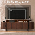 69" Mid Century Modern TV Stand, Curved Entertainment Center with LED Light & Power Outlet, Fluted Wood TV Stand for TVs up to 80'',Media TV Console Table with Sliding Doors for Living Room, Walnut