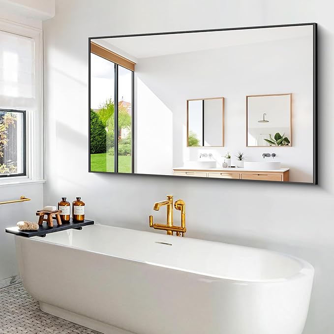 BONEWEI Bathroom Mirror,60x40 inch Bathroom Mirrors for Over Sink,Large Wall Mirror for Bathroom Wall Mounted Rectangle Mirrors,Black Vanity Mirror for Living Room,Bedroom Entryway,Horizontal/Vertical