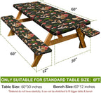 Picnic Table Cover with Bench Covers Camping Essentials Waterproof Windproof Camping Tablecloth with Drawstring Bag, Fitted Rectangle Tables and Seats, 60in, Black Red