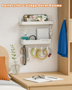 JWShang Bedside Wall Shelf - Adhesive Nightstand Organizer with Hooks and Cable Clips for Earphone Key Remote, Wall Mounted Storage for Bedroom, Dorm, RV, Rental (White)