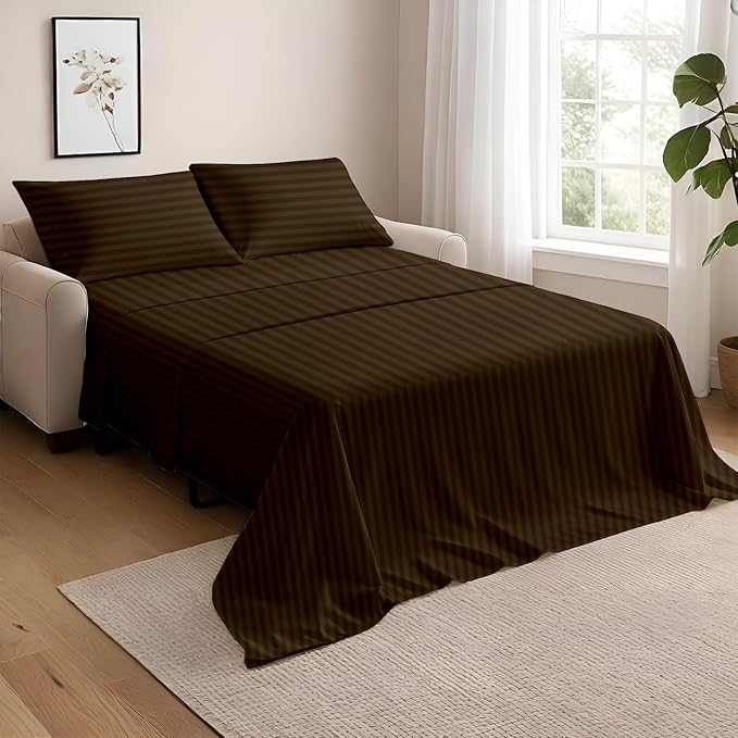 NON Sticky cotton Full Size Sleeper Sofa Sheets, 4 Piece Egyptian Cotton Bed Sheet Set for Sofa Bed, 8" Deep Pocket for Pull Out Couch Mattress, 54" x 75", Chocolate Stripe, Soft & Breathable