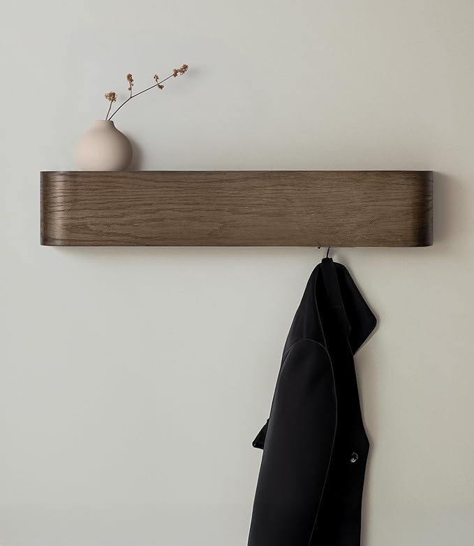 Kazai. Wall-Mounted Coat Rack 'Toke' - Modern Design Coat Rack with Hidden Wall Hooks - Solid Wood Veneer Panel Coat Hanger - Oak, Dark