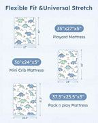 Pack and Play Sheets Fitted 3 Pack, Mini Crib Sheets for Pack N Play Mattress Stretchy Portable Playard Sheets, Soft Breathable Green & Blue Dinosaur