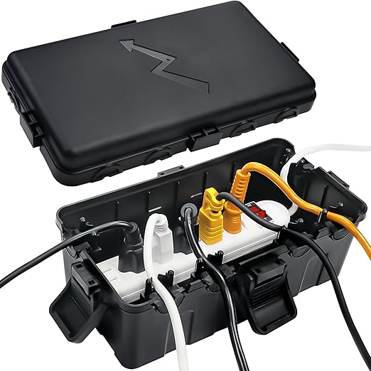 Hrensaw Medium Outdoor Electrical Box(10.6x5.5x4.5inch),IP54 Waterproof Extension Cord Cover w/6 Cable Entry,Weatherproof Connection Box Protect Power Strip,Timer,Plug,Holiday Lights,Black