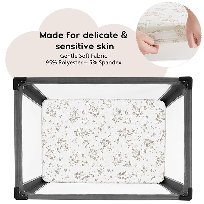 Yoofoss Pack and Play Sheets Fitted, Mini Crib Sheets 2-Pack for Pack N Play Mattress, Stretchy Playard Sheet, Soft and Breathable Brown+Leaf