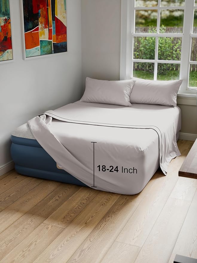 Air Mattress Sheet Set for Full Size - 4 Piece Breathable & Cooling Sheets w/Extra Deep Pockets - Fits Inflatable & Blow Up Air Mattresses Up to 24 Inches Thick - Soft and Wrinkle Free - Light Grey