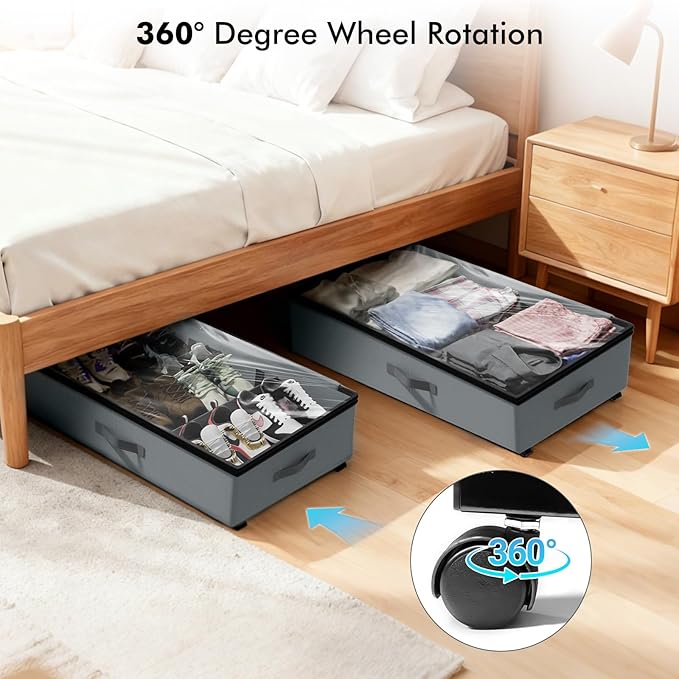 2-Pack Under Bed Storage Containers with Wheels, 75L Each Underbed Storage Organizer with Clear Handles, Collapsible Under Bed Storage Boxes for Clothes, Bedding, Max Load 80 LBS, Gray