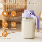Breast Milk Pitcher, Mason Jar 32 oz, Heavy Duty Wide Mouth Jar with Purple Flip Cap Lid and Pour Spout, Formula Pitcher Airtight Seal for Freshness and Convenience, Great for Cold Beverages